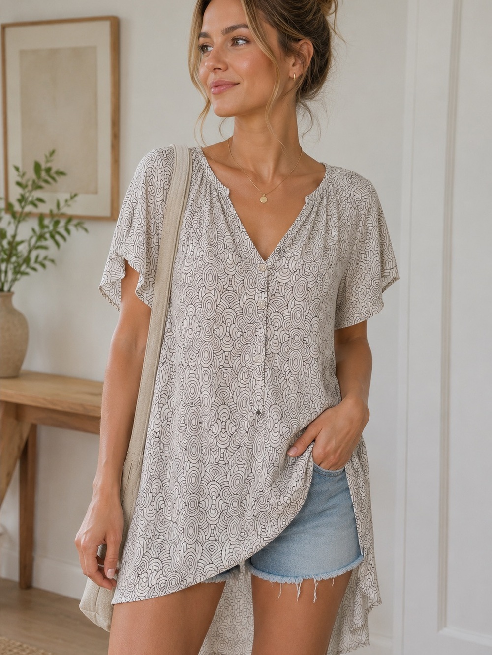 Women's Short-Sleeve V-Neck Printed Tunic Top - White/Gray